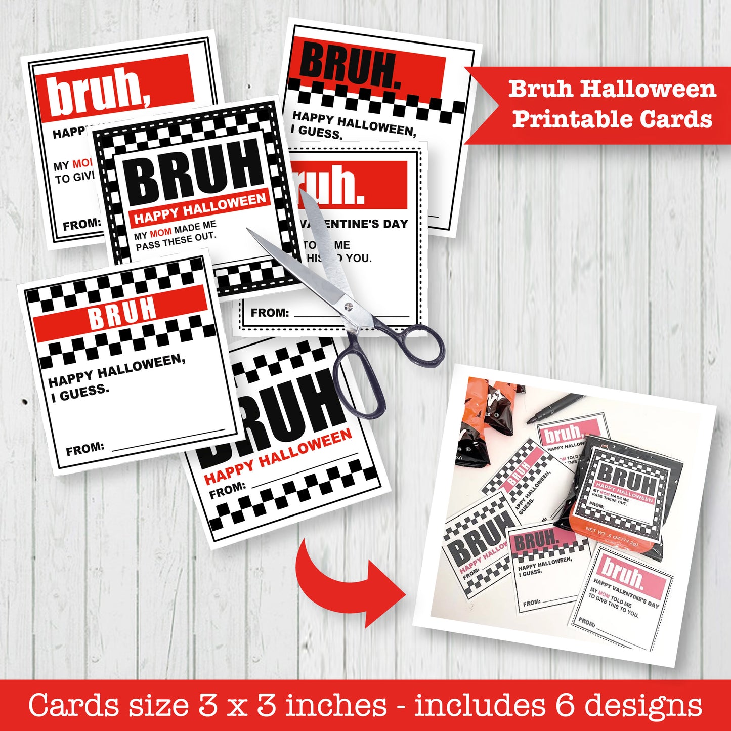 Bruh Halloween Printable Cards - Includes 6 designs - 3 x 3 inches cards